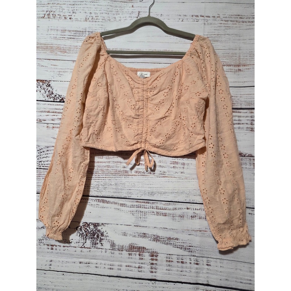 Japna Peach Cotton Eyelet Crop Top Long Sleeve Smocked Back Blouse Large